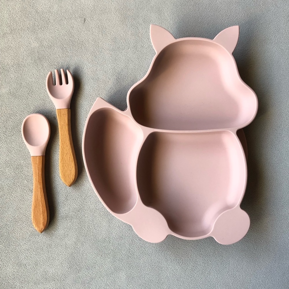 Fox Feeding Set ~ Silicone w/ Suction Dish, Fork, Spoon ~ Light Pink ~ Brand New